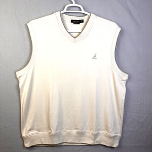 Nautica Vest Men's XL Cream Golf V Neck Cotton Knit Preppy Casual Logo Pullover